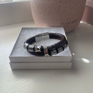 Men's Brown Braided Leather Bracelet with Silver Accents